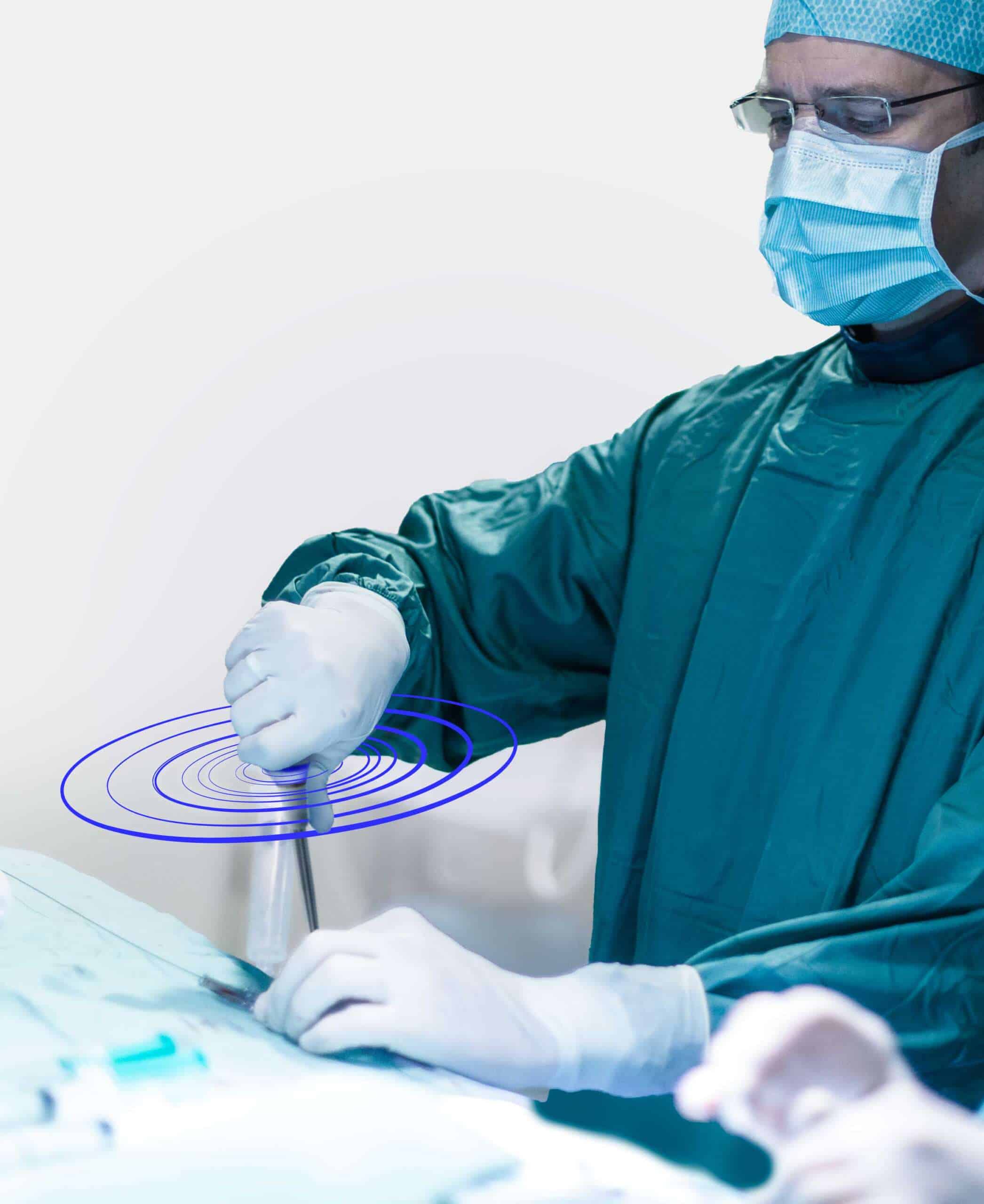 Surgical surgeon in operating room using advanced digital technology for minimally invasive procedures at seecure clinic; focus on precision and innovation in healthcare SEO keywords.